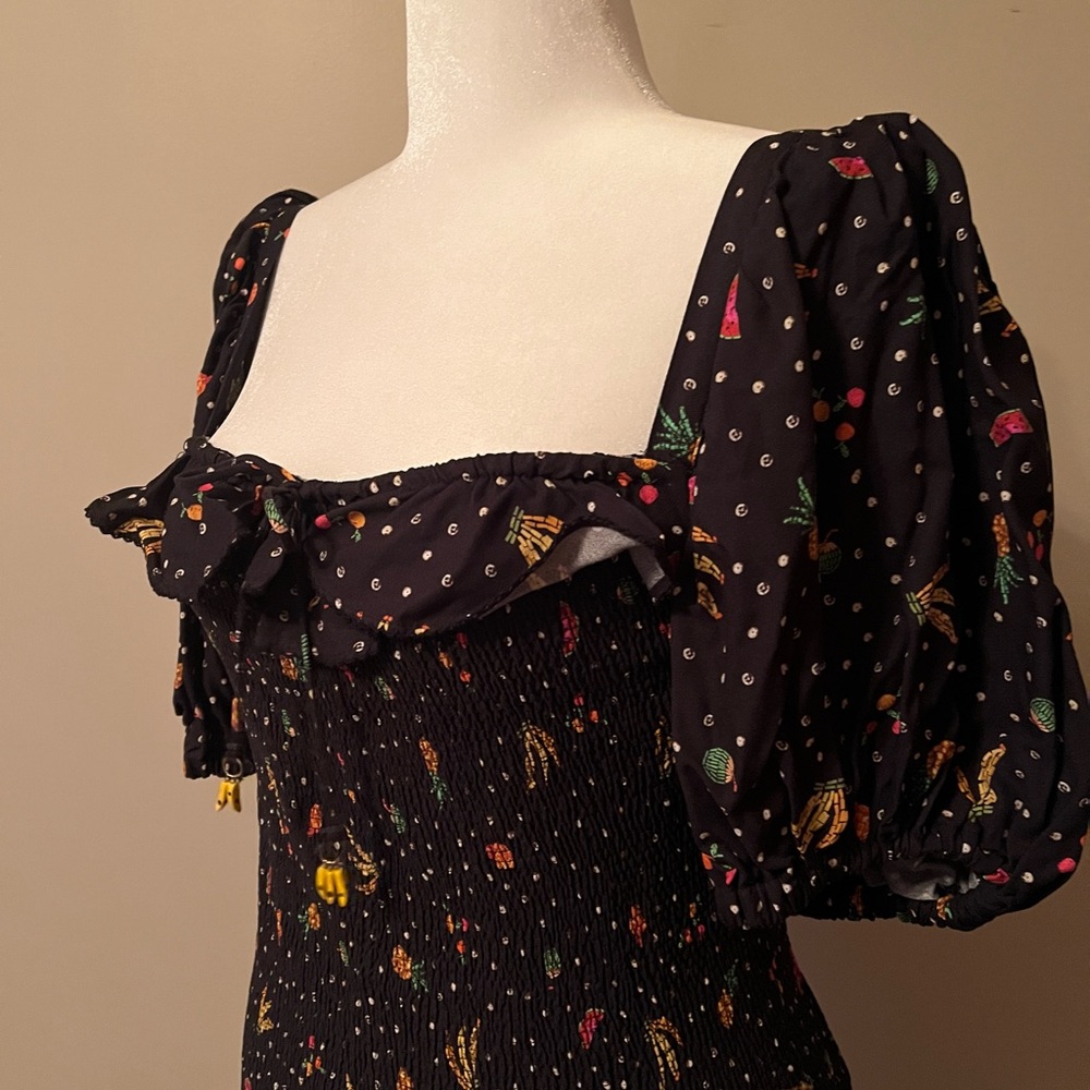 FARM Rio Tiny Fruits Smocked Mini Dress in Black, size XL